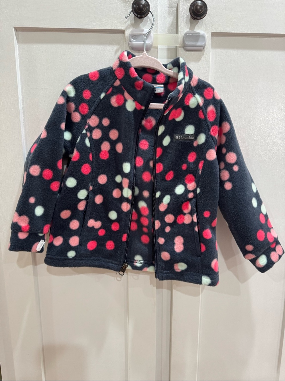 Columbia Navy Fleece Jacket with Pink & White Dot Print